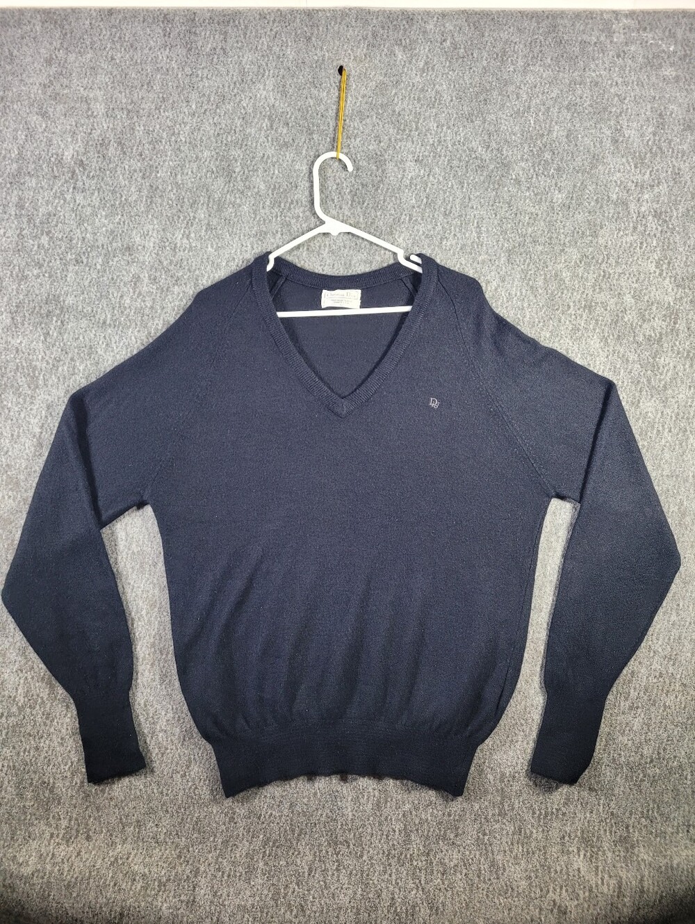 Vintage 80s Christian Dior Orlon Acrylic V-Neck Sweater Mens L Navy Blue USA